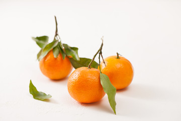 Fresh tangerines with green leaves on a white background