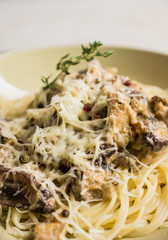 Fresh pasta with meat, mushrooms and herbs. On the rustic wooden background. Selective focus.
