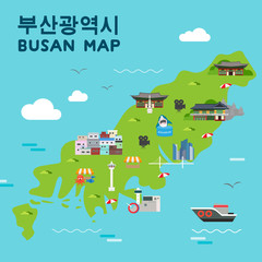 Fototapeta premium Busan travel map vector illustration, Attractions in flat design. Korean character is 