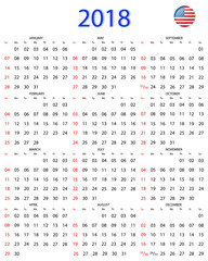Simple 2018 year calendar, week starts on Sunday.