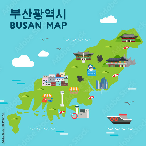 "Busan travel map vector illustration, Attractions in flat design ...