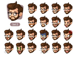 The second set of bearded hipster facial emotions cartoon character design with glasses and different expressions, sad, tired, angry, die, mercenary, disappointed, shocked, tasty, etc. vector design.