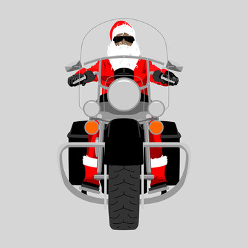 Santa Claus on heavy chopper motorcycle front view isolated colour vector illustration