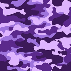 Military camouflage seamless pattern, purple monochrome. Classic clothing style masking camo repeat print. ruby colors texture. Design element. Vector illustration.