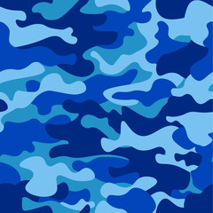 Illustration vectorielle continue de motif de camouflage. Imprimé camouflage répété de style vestimentaire classique. Texture de marines de couleurs bleues
