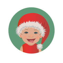  Cute smiling tongue out baby Santa Claus emoticon. Happy Christmas child emoji. Santa hat cheerful kid avatar isolated vector illustration