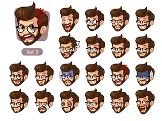 The third set of bearded hipster facial emotions cartoon character design with glasses and different expressions, cry, sleep, pissed of, embarrassed, fear, triumph, confused, fear, etc. vector design.