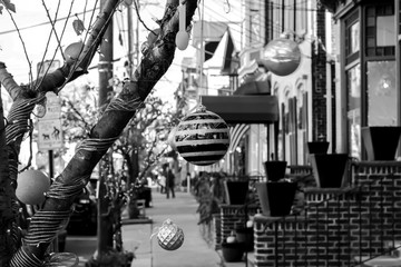 Exterior daytime black and white stock photo of Christmas ornament hanging from tree in Clinton New Jersey on autumn day