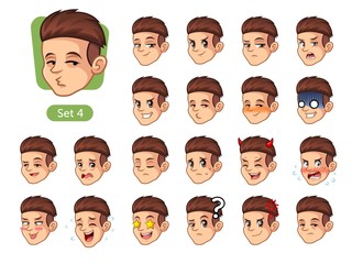 The fourth set of male facial emotions cartoon character design with red hair and different expressions, happy, bored, scary, pervy, uptight, disgust, amaze, silly, mad, etc. vector illustration.