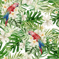 Beautiful watercolor seamless, tropical jungle floral pattern background with palm leaves, flower hibiscus, parrot.  © knopazyzy