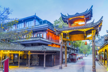 Fototapeta premium Night scene of Huanglong Valley town in Chengdu