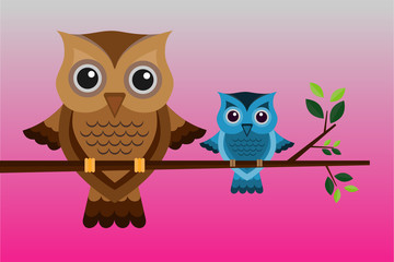 Two brown and blue owls on a branch