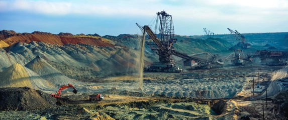 Production of manganese ore in the largest field in Europe. Open development. Huge machines of...