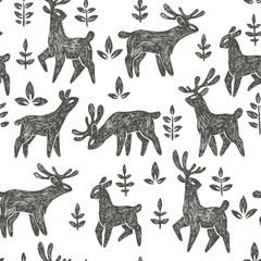 Vector seamless pattern with deer herd in forest. Hand drawn texture with cute wild  animals and floral elements in ethnic style isolated on white. Natural background