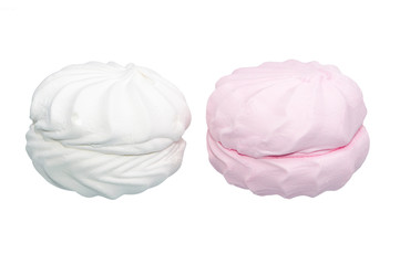 pink and white zepyr marshmallows isolated ob white background