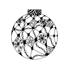 Handdrawn black and white ball with winter pattern. Christmas decoration