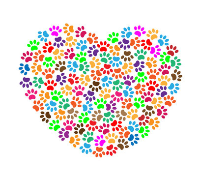 Heart of colorful paw prints