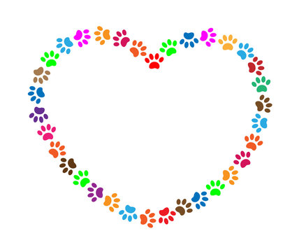 Colorful paw prints heart valentine frame border sign with white space for your text.