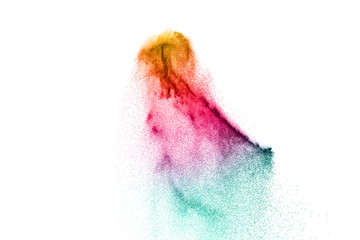 Multicolored sand explosion isolated on white background. Abstract sand cloud. Multicolored  sand...