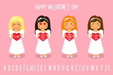Cute Valentine's Day cartoon characters of loving girls with heart in hands