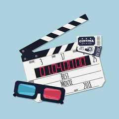 Movie clapper board, tickets and video glasses. Vector illustration