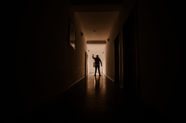 Dark corridor with cabinet doors and lights with silhouette of spooky horror man standing with...