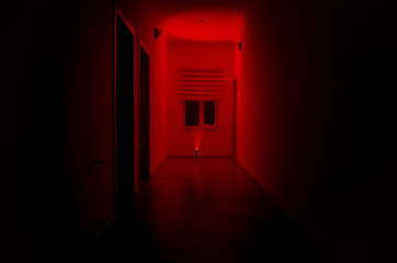 Dark corridor with cabinet doors and freezelight figures on it. Horror Concept. Halloween theme