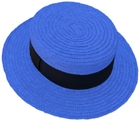 chapeau de paille bleu , canotier Maurice Chevalier, fond blanc 