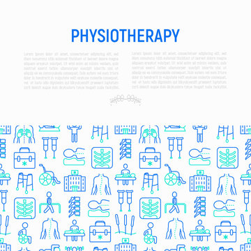 Physiotherapy concept with thin line icons: rehabilitation, physiotherapist, acupuncture, massage, gymnastics, go-carts, vertebrae; x-ray, trauma, crutches, wheelchair. Vector illustration.