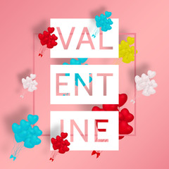 Valentine's day abstract background with pink paper hearts. Valentines day with paper cut red heart shape balloon flying and hearts decorations in white background. Vector illustration.