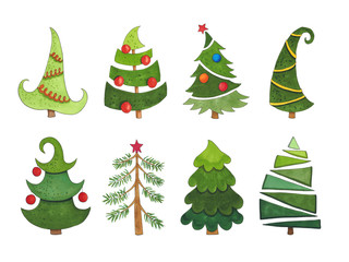Sketch markers collection of Christmas trees on a white background. Sketch done in alcohol markers