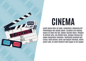 Naklejka premium Movie clapper board, tickets and video glasses. Template for banner, flyer or poster. Vector illustration