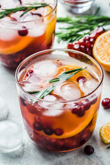 Winter cranberry citrus pomegranate sangria. Selective focus, copy space. 