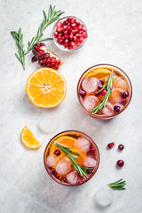 Red wine cranberry citrus pomegranate sangria. Top view, space for text.