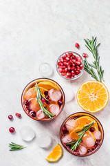 Winter  cranberry citrus pomegranate rosemary drink. Top view, space for text.