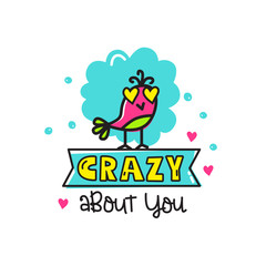 Cartoon bird with drawn words. Design elements for Valentines Day