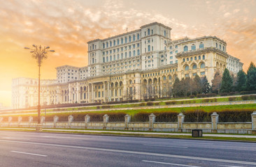 The Palace of the Parliament at sunset time, Bucharest, Romania.