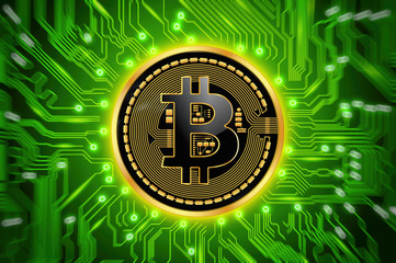 Circuit board and Bitcoin cryptocurrency coin over green background