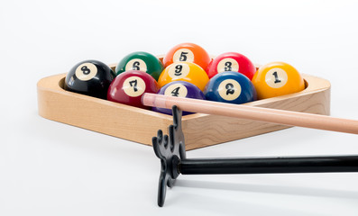 Pool table 9 ball rack with cue and bridge
