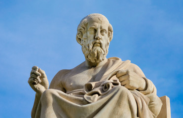 Close-up of a marble statue of the great Greek philosopher Plato on background the sky.  - 185751769