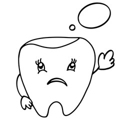 Unhappy tooth with bubble. Cute cartoon tooth character. Concept dental illustration for medical articles, dental sites, clinic, banners, advertising, prints, posters, logos.  