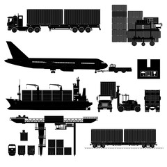 Freight cargo transport icons set, silhouettes
