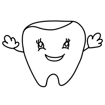 Happy healthy smiling tooth with hands up. Cute cartoon tooth character. Concept dental illustration for medical articles, dental sites, clinic, banners, advertising, prints, posters, logos.  