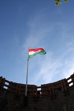Fort tower with Hungarian flag on Barbacan fortress Pecs in Hungary