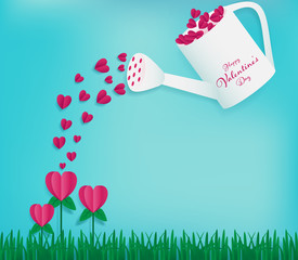 Watering can contains full of red hearts and water on the heart flowers as valentines paper art conception included soft blue sky background ,paper grass on bottom ,happy valentine's day word on can. © koojadoo