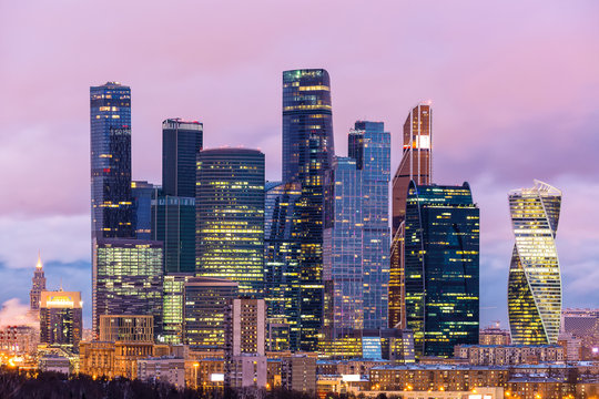 Evening view of the Moscow International Business Center Moscow-City, Russia. Many companies and headquarters reside here.