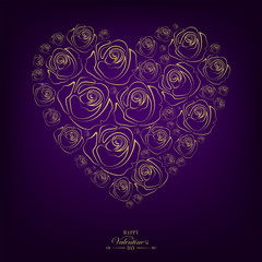 Obraz na płótnie Canvas dark purple background with set of silhouettes of flowers roses in the shape of heart