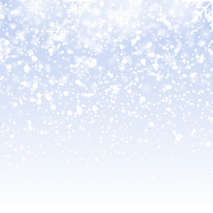 Naklejka na ściany i meble Christmas background with falling gold snowflakes on blue sky. Vector