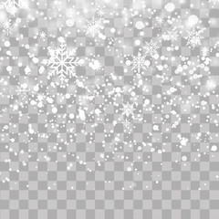 Christmas background with falling snowflakes on transparent. Vector