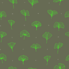 seamless pattern with ginkgo biloba bright contrast green color leaves, textured hand drawn outline leaf veins